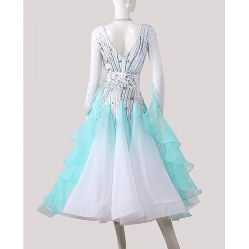 Custom size white with blue competition ballroom dance dress with gemstones for women girls waltz tango foxtrot smooth dance long gown for female